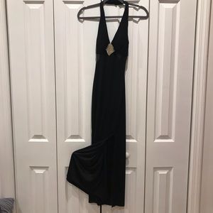 Black halter rhinestone detail long dress  w/ slit